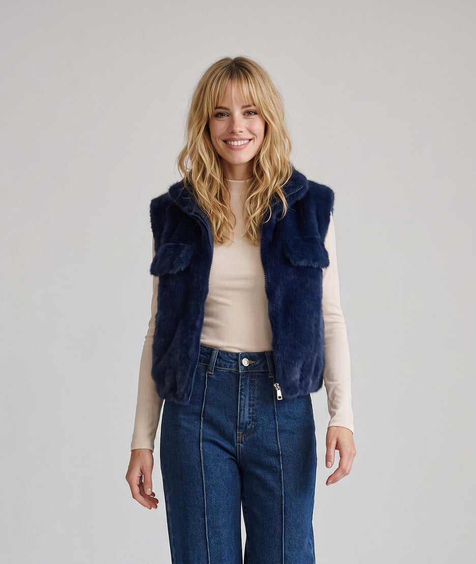 Gilet fausse fourrure femme Furly marine sans manches