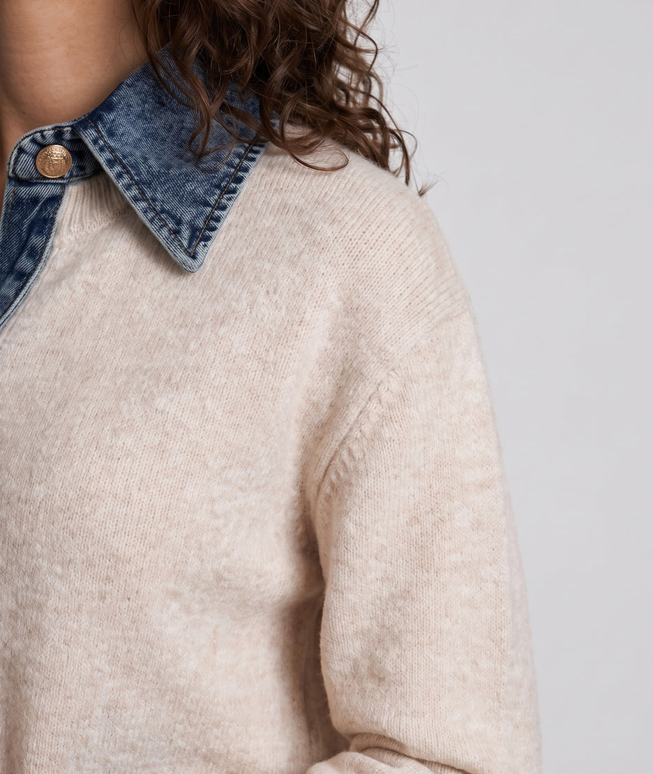 Gilet bi-matière maille et jean femme beige à boutons dorés