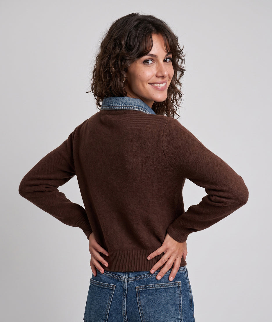 Cardigan bi-matière femme maille choco et jean avec poche poitrine