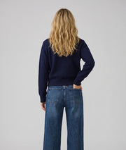 Cardigan bi-matière femme maille marine et jean avec poche poitrine