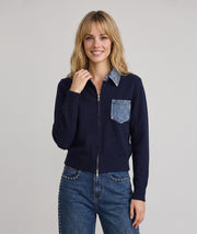 Cardigan bi-matière femme maille marine et jean avec poche poitrine
