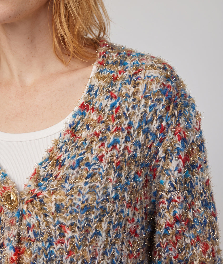 Gilet en maille femme multicolore bleu avec fils lurex et boutons dorés