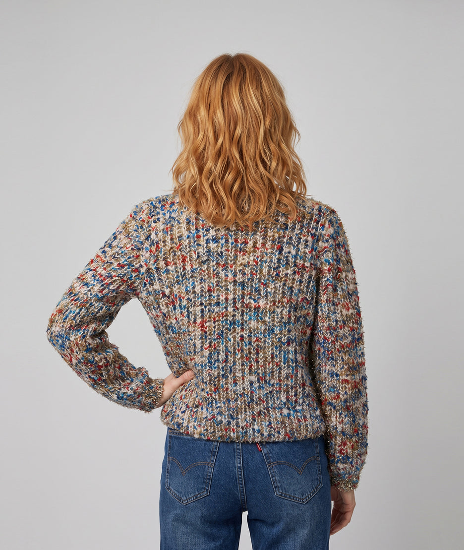 Gilet en maille femme multicolore bleu avec fils lurex et boutons dorés