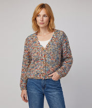 Gilet en maille femme multicolore bleu avec fils lurex et boutons dorés