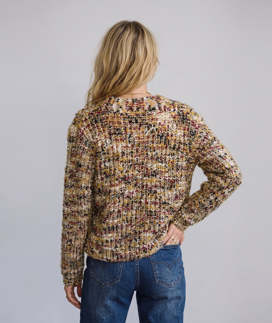 Gilet en maille femme multicolore bleu avec fils lurex et boutons dorés