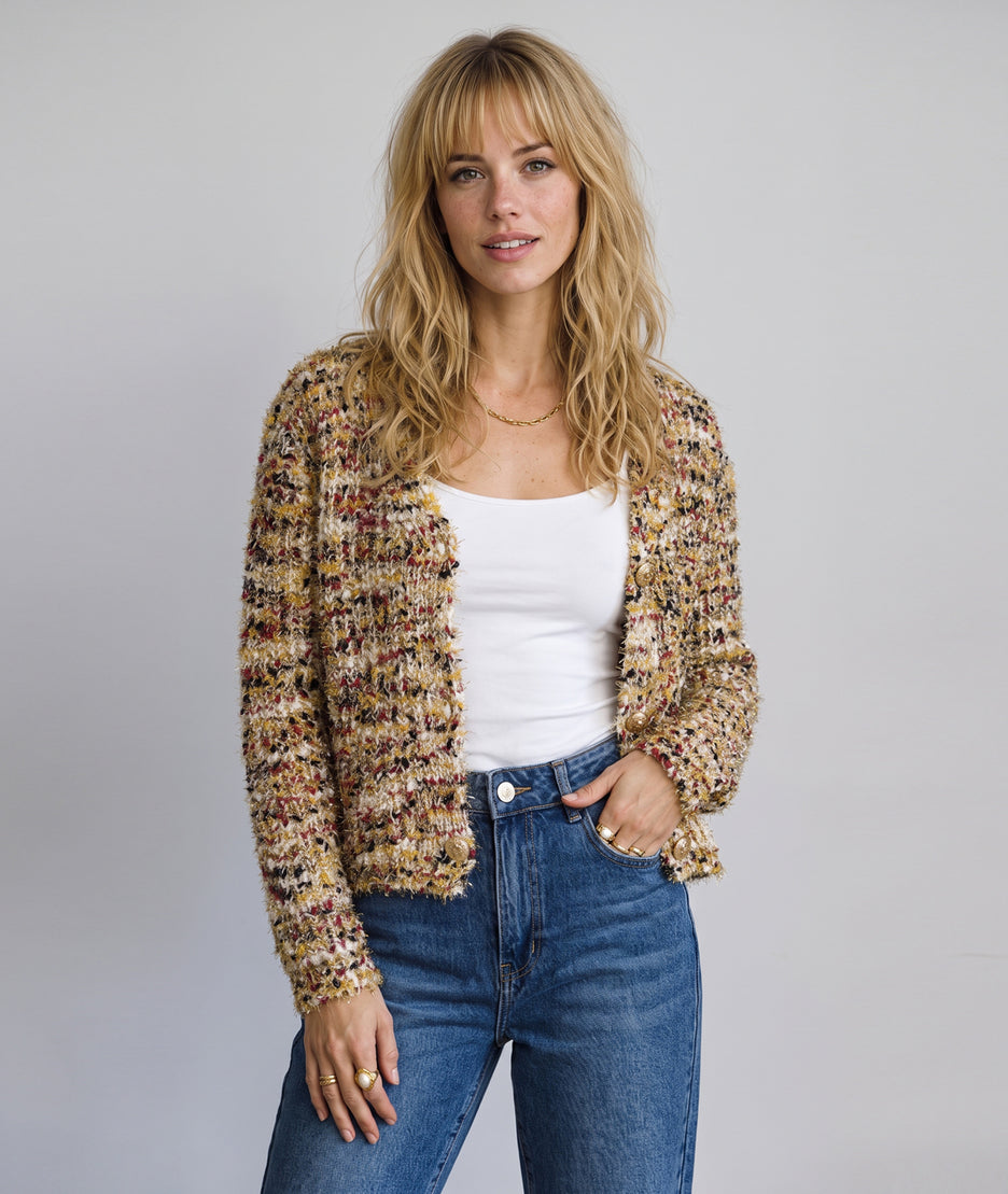Gilet en maille femme multicolore ocre avec fils lurex et boutons dorés