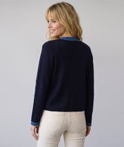 Gilet bi-matière femme Romane marine en maille et jean vue de dos