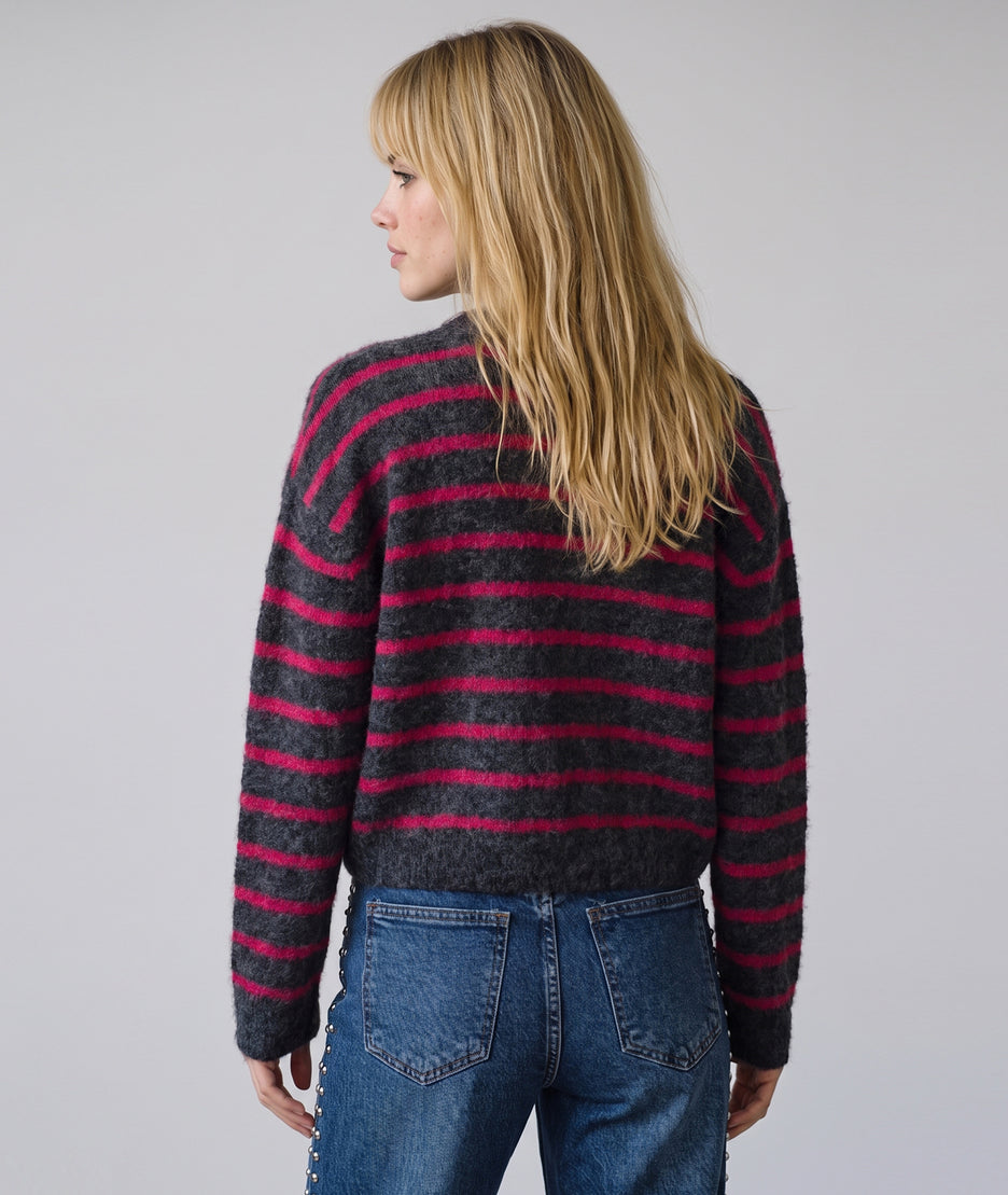 Gilet à rayures femme gris fushia manches longues