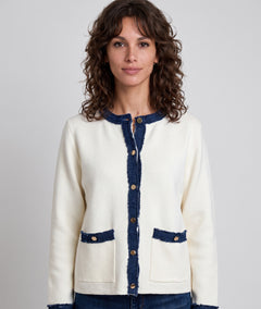Gilet bi-matière femme Romane écru en maille et jean vue de face