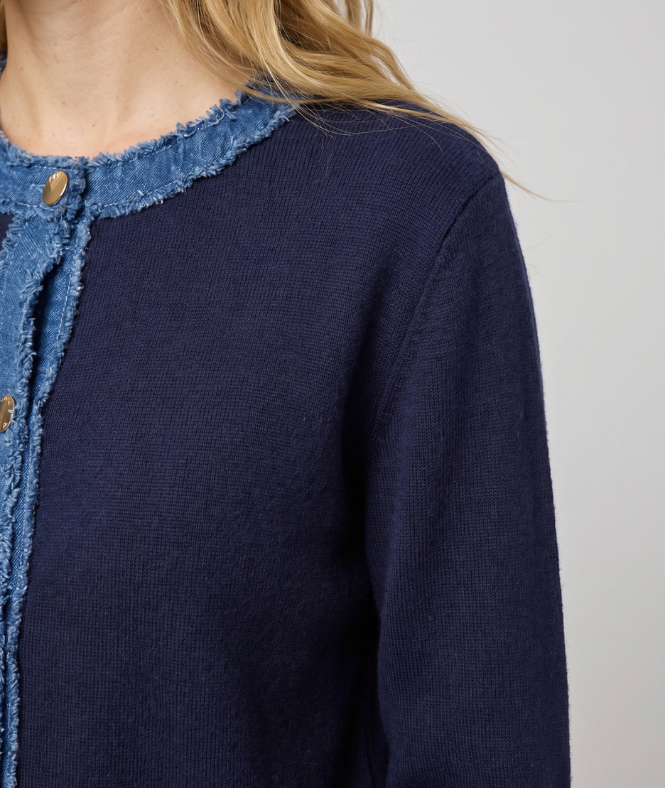 Gilet bi-matière femme Romane marine en maille et jean vue de face