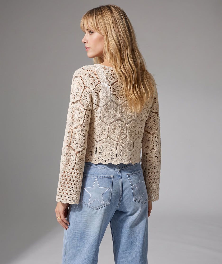 Gilet Sabine en maille ajourée beige dos