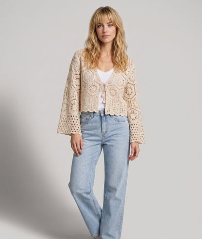 Gilet Sabine en maille ajourée beige face