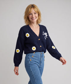 Gilet en maille femme Smily marine avec broderies smiley et manches longues
