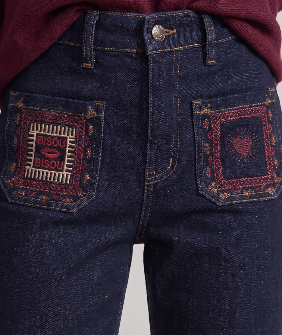 Jean brut femme wide leg avec poches carrées brodées