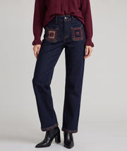 Jean brut femme wide leg avec poches carrées brodées