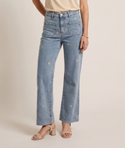 Jean Daisy flare taille haute brodé marguerites- jean