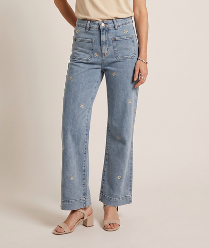 Jean Daisy flare taille haute brodé marguerites- jean