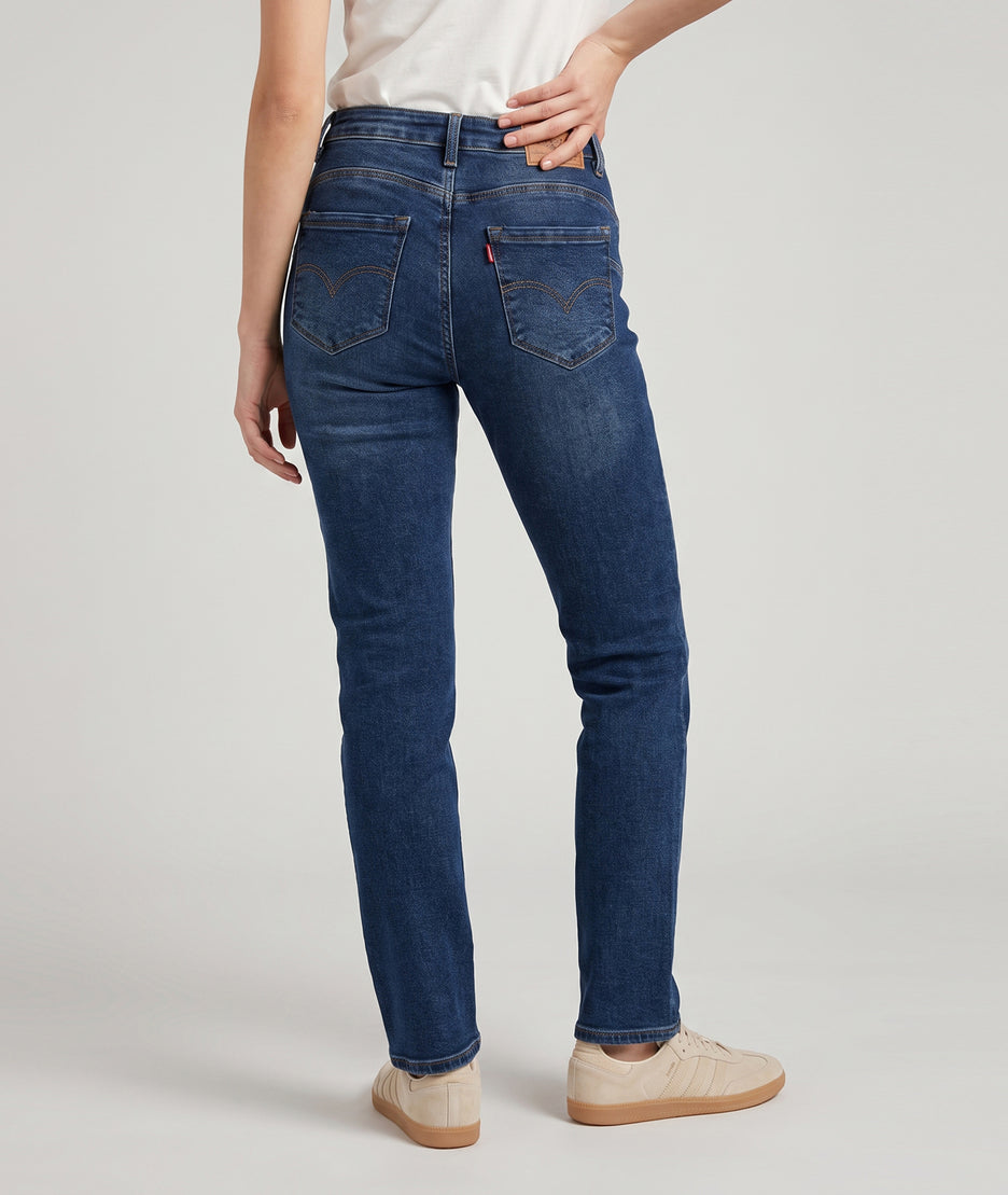 Jean Dlev foncé coupe droite taille haute porté de dos — Carnaby