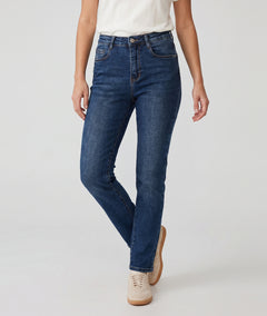 Jean Dlev foncé coupe droite taille haute porté de face — Carnaby