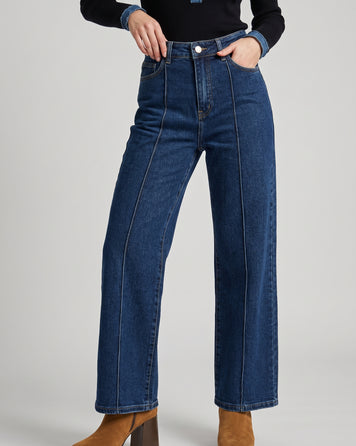 Jean wide leg femme bleu foncé coupe ample avec surpiqûres verticales
