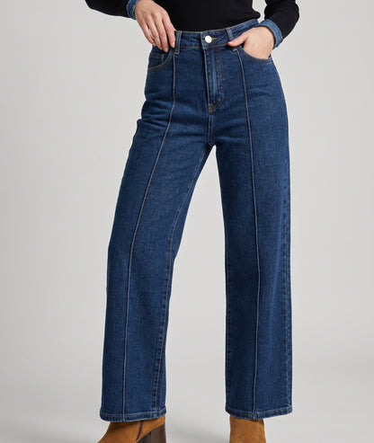 Jean wide leg femme bleu foncé coupe ample avec surpiqûres verticales