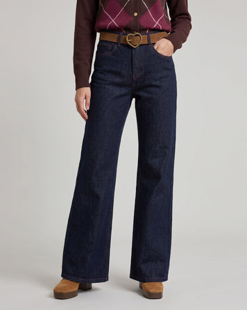 Jean brut femme coupe wide leg avec ceinture cœur vintage