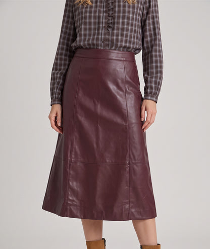 Jupe mi-longue simili cuir bordeaux femme face - Carnaby