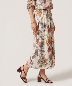 Jupe Ludivine écru maxi évasée imprimé jardin exotique oiseaux fleurs face - Carnaby