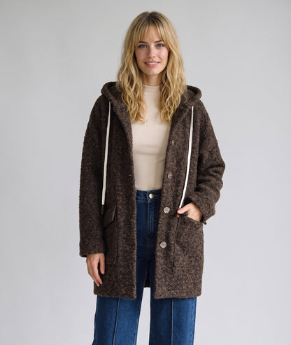 Manteau en maille bouclée choco femme à capuche