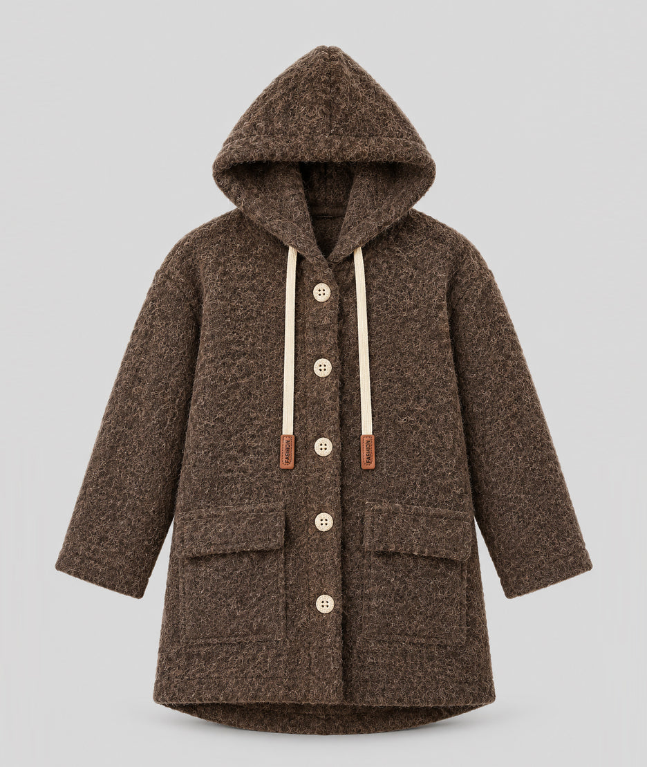 Manteau en maille bouclée choco femme à capuche