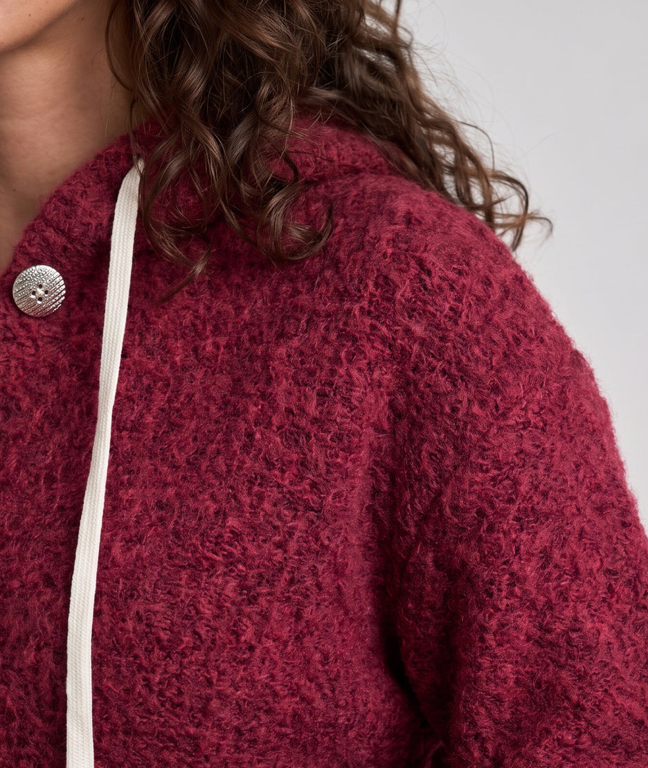 Manteau en maille bouclée rouge femme à capuche