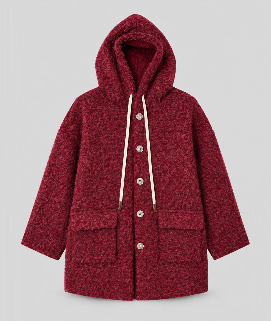 Manteau en maille bouclée rouge femme à capuche