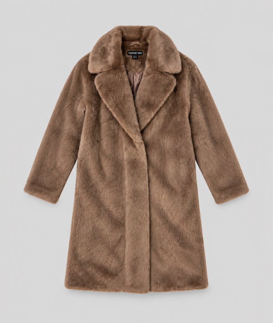 Manteau long Doria taupe en fausse fourrure femme