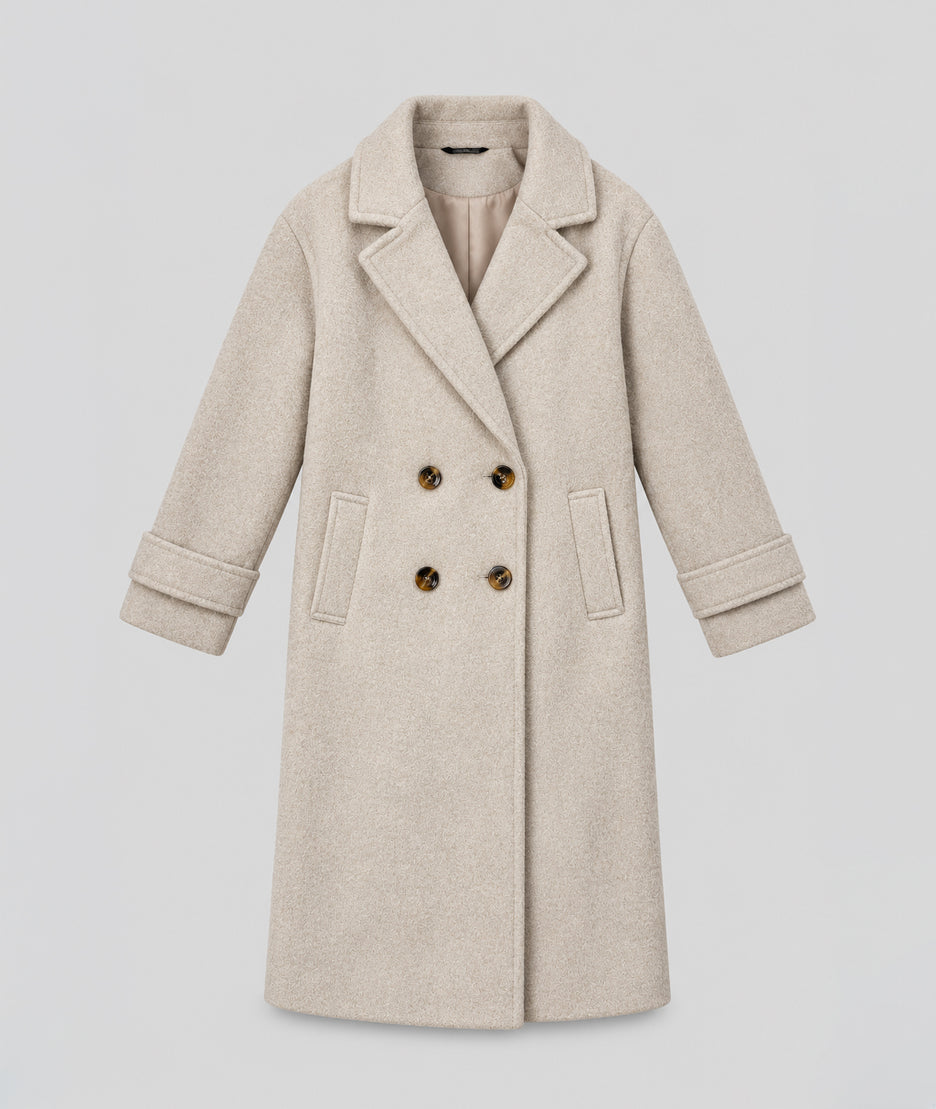 Manteau long femme écru Sonia à double boutonnage et col cranté à plat