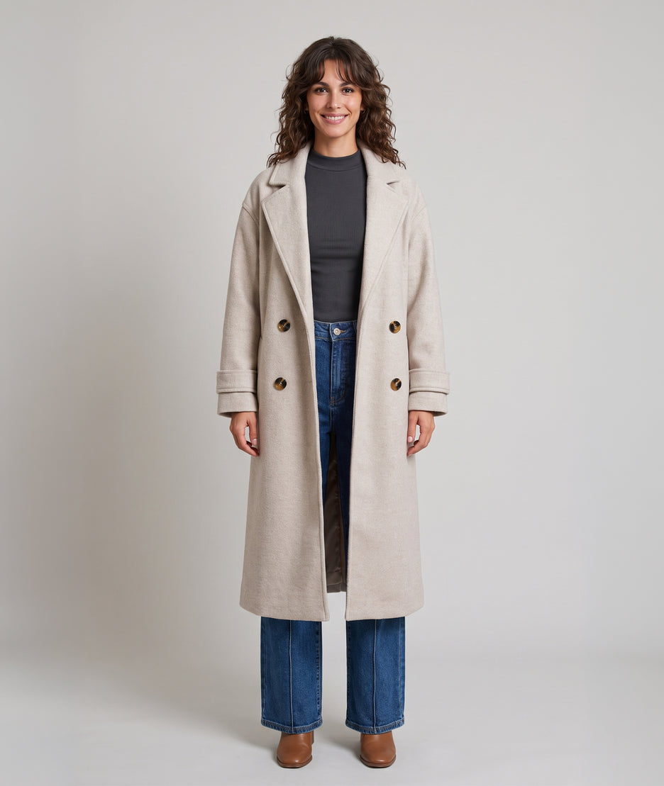 Manteau long femme beige écru Sonia à double boutonnage et col cranté face avant