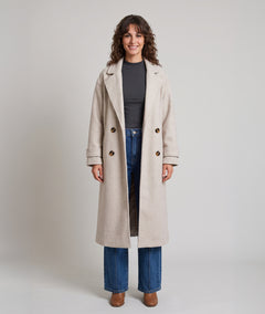 Manteau long femme beige écru Sonia à double boutonnage et col cranté face avant