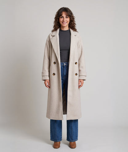 Manteau long femme beige écru Sonia à double boutonnage et col cranté face avant