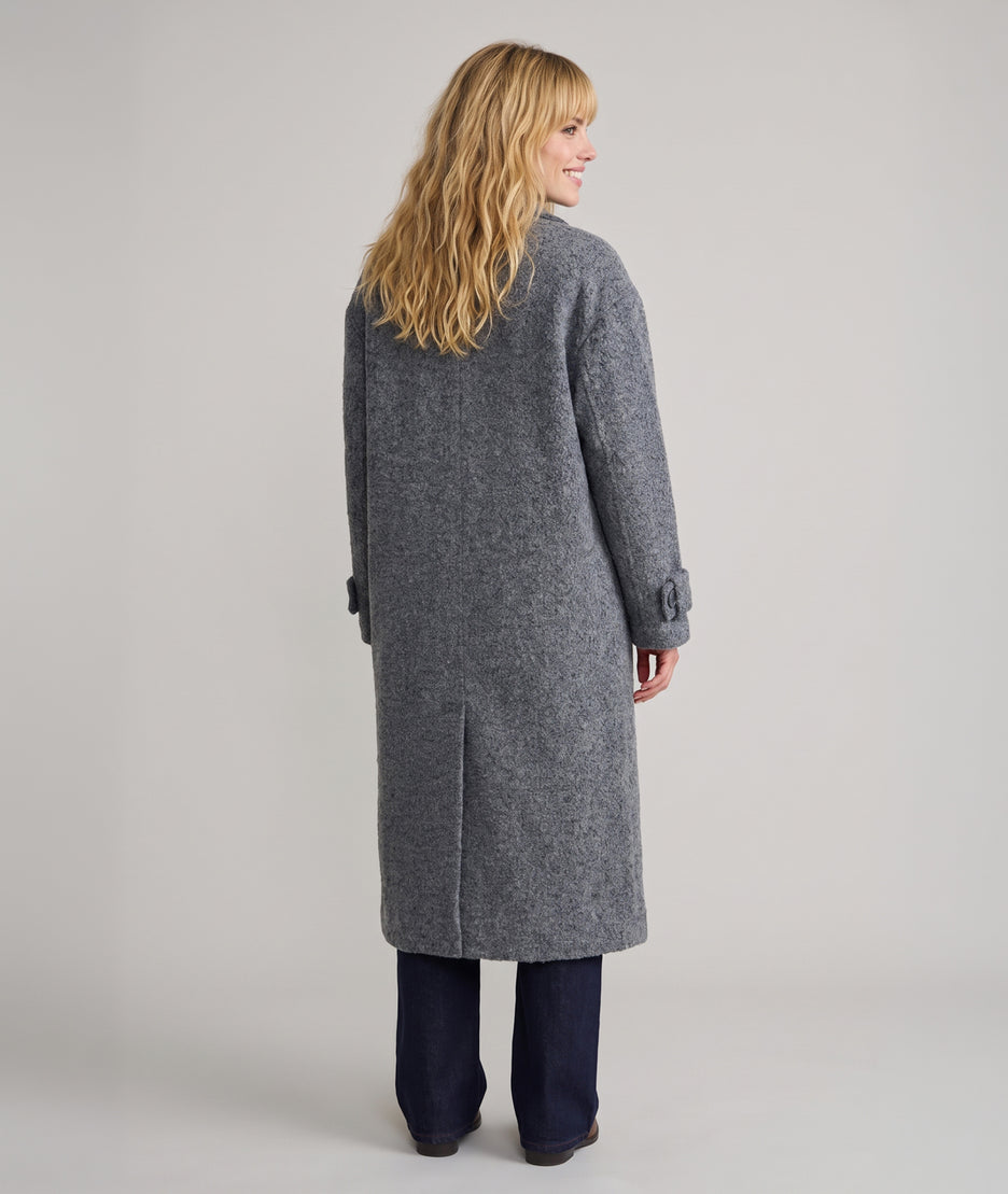 Manteau long femme gris Sonia à double boutonnage et col cranté face arrière