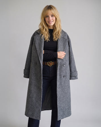 Manteau long femme gris Sonia à double boutonnage et col cranté face avant