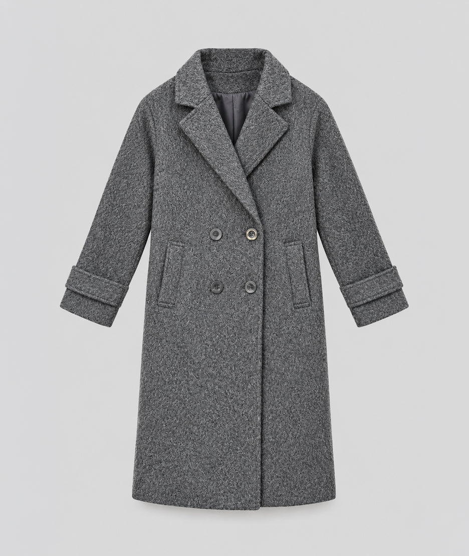 Manteau long femme gris Sonia à double boutonnage et col cranté à plat