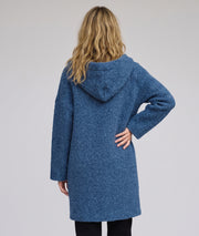 Manteau long Zipo bleu à capuche en maille bouclée femme face arrière