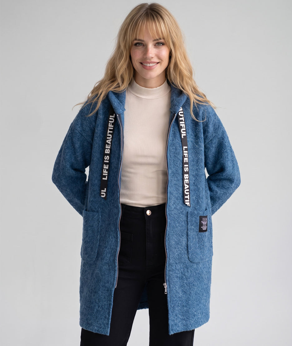 Manteau long Zipo bleu à capuche en maille bouclée femme face avant