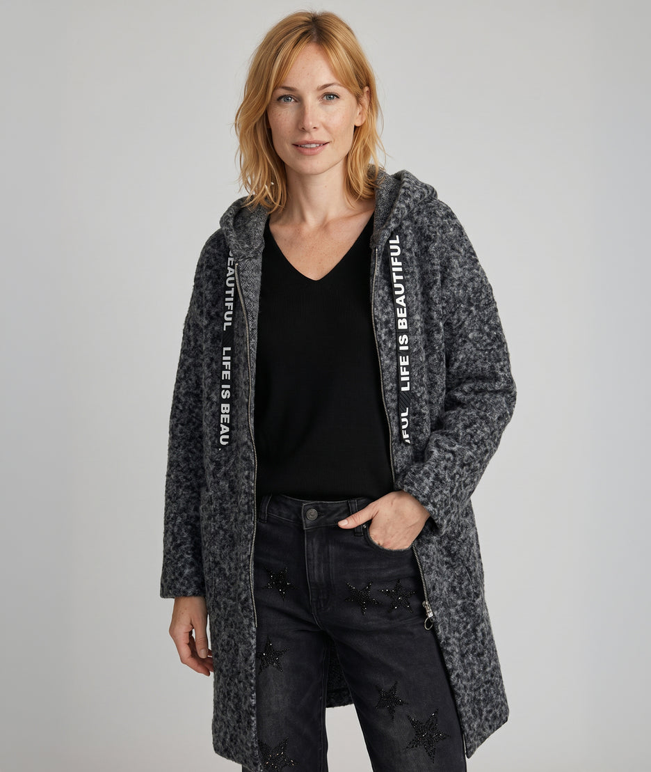 Manteau long Zipo gris à capuche en maille bouclée femme