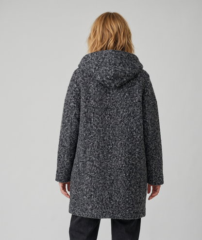 Manteau long Zipo gris à capuche en maille bouclée femme face arrière