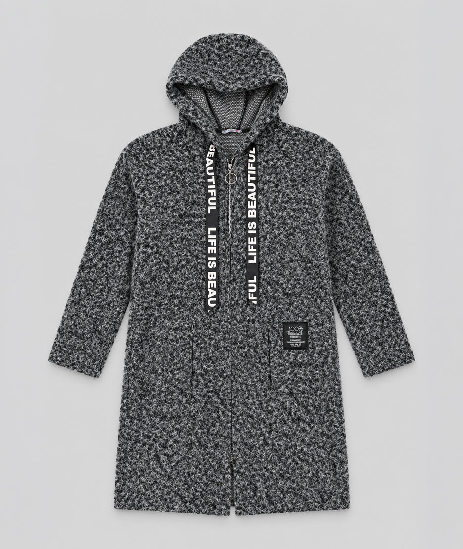 Manteau long Zipo gris à capuche en maille bouclée femme a plat