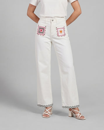 Pantalon Bisou à broderies blanc face