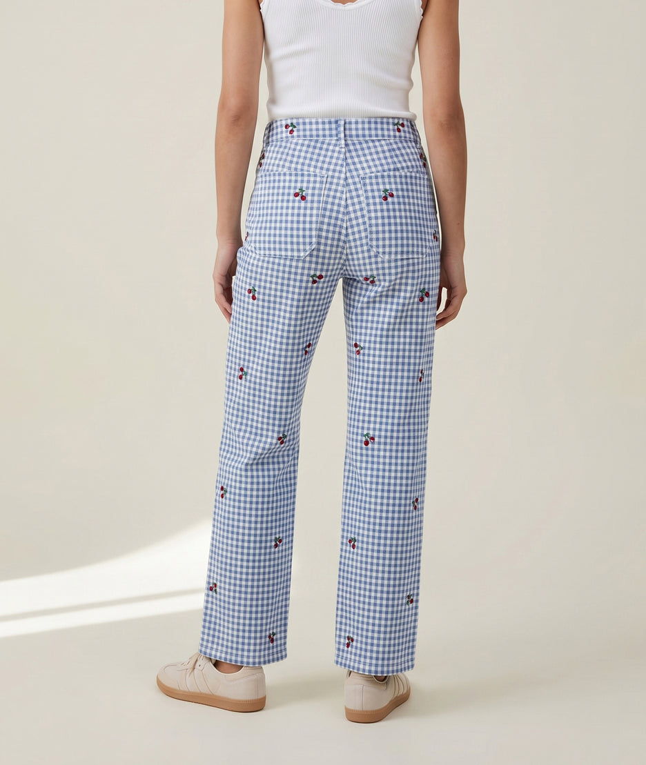 Pantalon Cerica à carreaux broderies cerises bleu dos