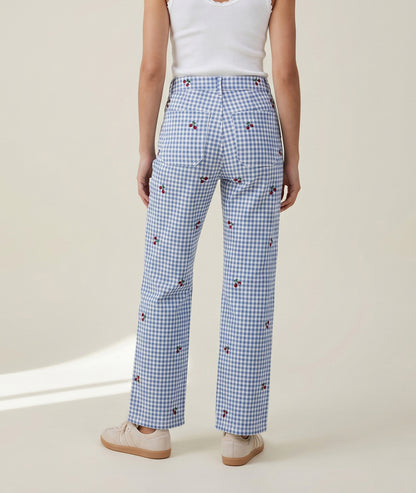 Pantalon Cerica à carreaux broderies cerises bleu dos