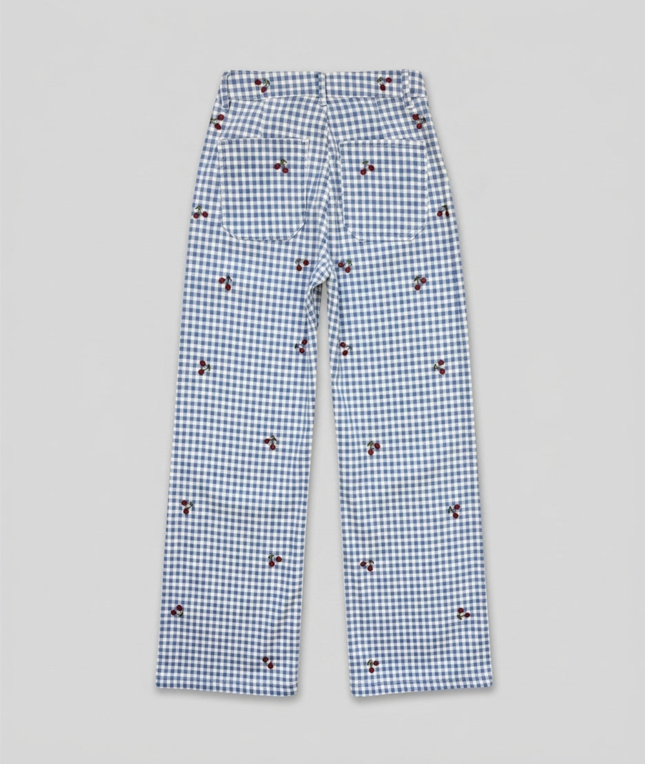 Pantalon Cerica à carreaux broderies cerises bleu dos