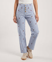 Pantalon Cerica à carreaux broderies cerises bleu face